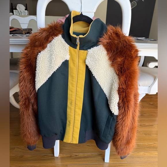 SEA made in New York Colorblock Faux Fur Track Jacket brown/green/cream Sz L - Picture 7 of 10